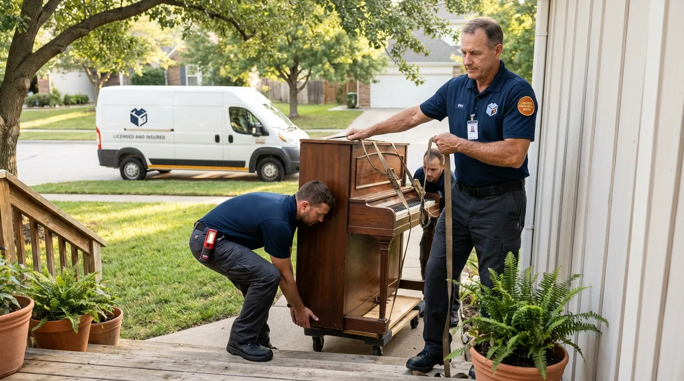 Licensed piano movers securing grand piano in Mosheim, TN