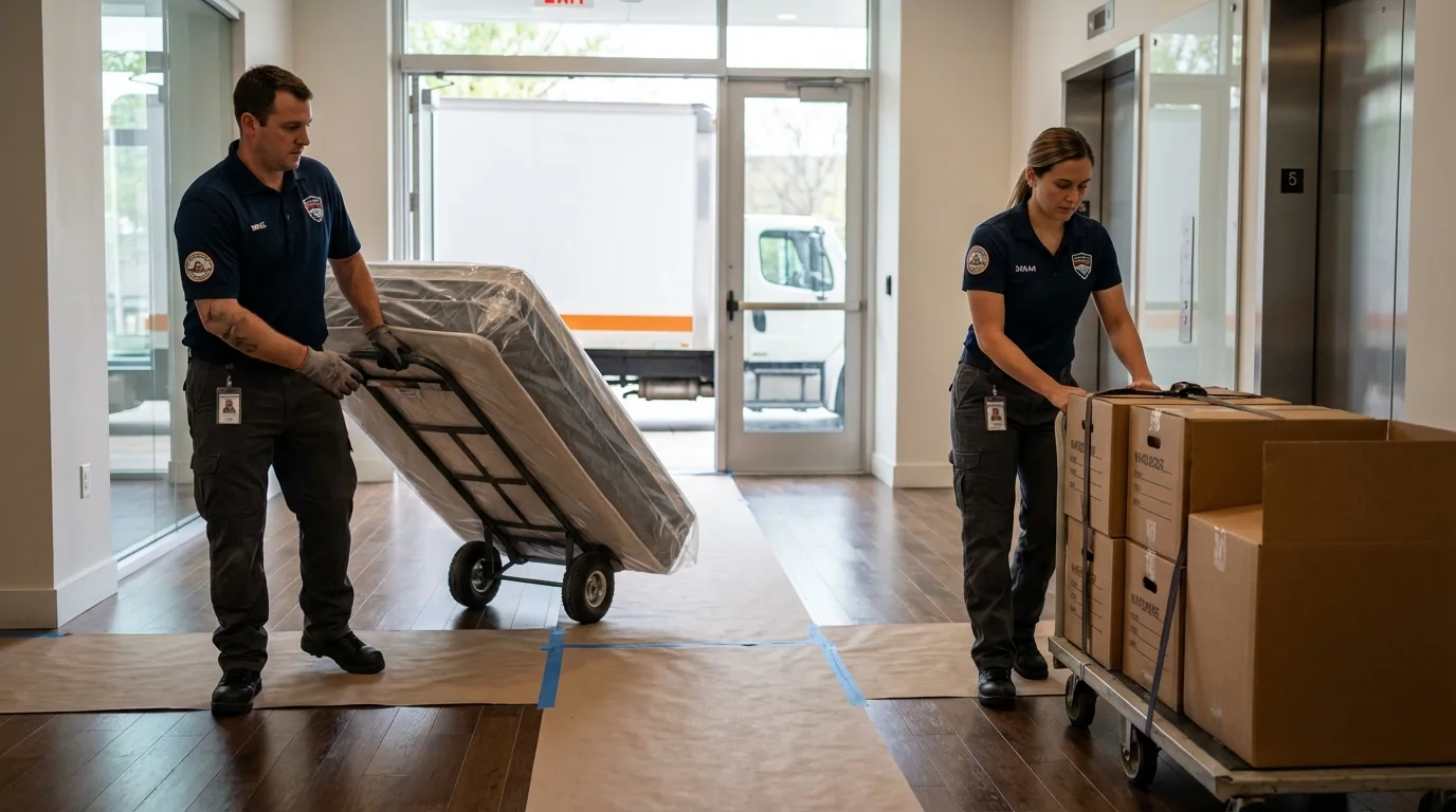 Professional apartment movers loading elevator in Mosheim, TN