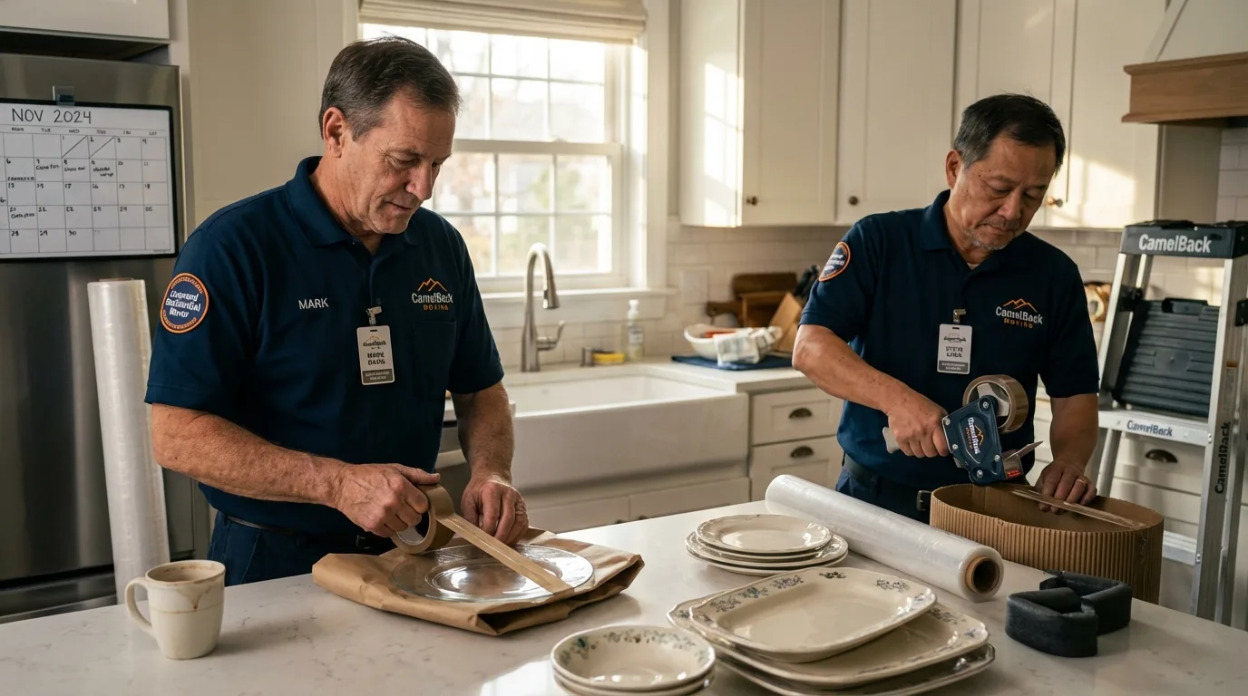Professional crew packing kitchen dishware in Mosheim, TN